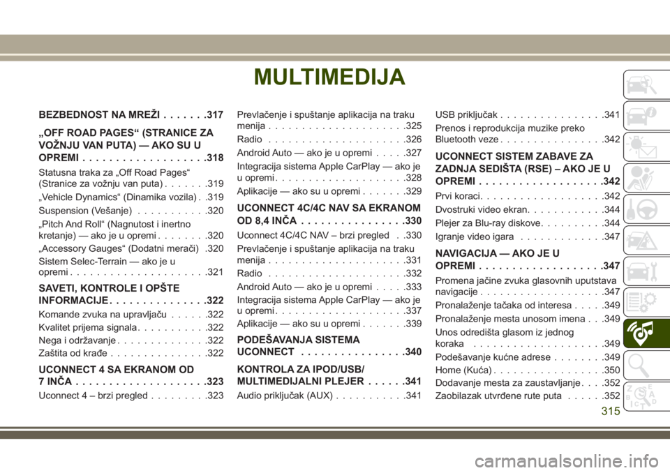 JEEP GRAND CHEROKEE 2018 Knjižica za upotrebu i održavanje (in Serbian) MULTIMEDIJA
BEZBEDNOST NA MREŽI.......317
„OFF ROAD PAGES“ (STRANICE ZA
VOŽNJU VAN PUTA) — AKO SU U
OPREMI...................318
Statusna traka za „Off Road Pages“
(Stranice za vožnju van JEEP GRAND CHEROKEE 2018 Knjižica za upotrebu i održavanje (in Serbian) MULTIMEDIJA
BEZBEDNOST NA MREŽI.......317
„OFF ROAD PAGES“ (STRANICE ZA
VOŽNJU VAN PUTA) — AKO SU U
OPREMI...................318
Statusna traka za „Off Road Pages“
(Stranice za vožnju van