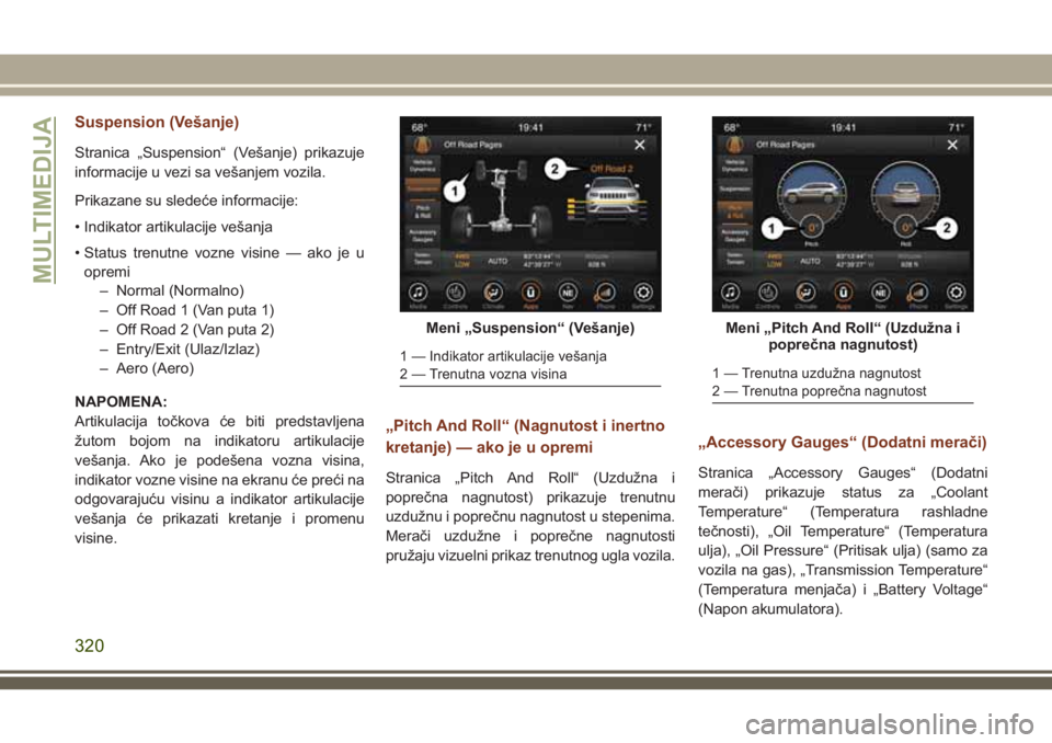 JEEP GRAND CHEROKEE 2018  Knjižica za upotrebu i održavanje (in Serbian) Suspension (Vešanje)
Stranica „Suspension“ (Vešanje) prikazuje
informacije u vezi sa vešanjem vozila.
Prikazane su sledeće informacije:
• Indikator artikulacije vešanja
• Status trenutne 