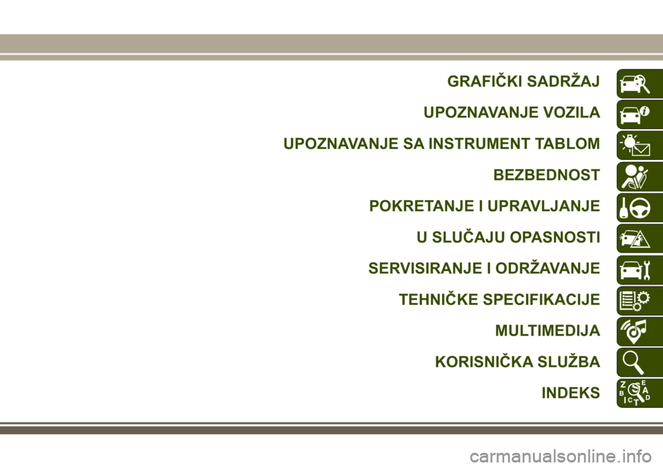 JEEP GRAND CHEROKEE 2018  Knjižica za upotrebu i održavanje (in Serbian) GRAFIČKI SADRŽAJ
UPOZNAVANJE VOZILA
UPOZNAVANJE SA INSTRUMENT TABLOM
BEZBEDNOST
POKRETANJE I UPRAVLJANJE
U SLUČAJU OPASNOSTI
SERVISIRANJE I ODRŽAVANJE
TEHNIČKE SPECIFIKACIJE
MULTIMEDIJA
KORISNIČ