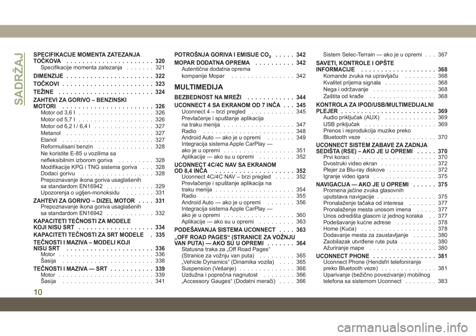 JEEP GRAND CHEROKEE 2020  Knjižica za upotrebu i održavanje (in Serbian) SPECIFIKACIJE MOMENTA ZATEZANJA
TOČKOVA...................... 320
Specifikacije momenta zatezanja....... 321
DIMENZIJE...................... 322
TOČKOVI....................... 323
TEŽINE...........