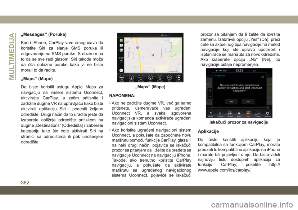 JEEP GRAND CHEROKEE 2021 Knjižica za upotrebu i održavanje (in Serbian) „Messages“ (Poruke)
Kao i iPhone, CarPlay vam omogućava da
koristite Siri za slanje SMS poruka ili
odgovaranje na SMS poruke. S obzirom na
to da se sve radi glasom, Siri takođe može
da čita do JEEP GRAND CHEROKEE 2021 Knjižica za upotrebu i održavanje (in Serbian) „Messages“ (Poruke)
Kao i iPhone, CarPlay vam omogućava da
koristite Siri za slanje SMS poruka ili
odgovaranje na SMS poruke. S obzirom na
to da se sve radi glasom, Siri takođe može
da čita do
