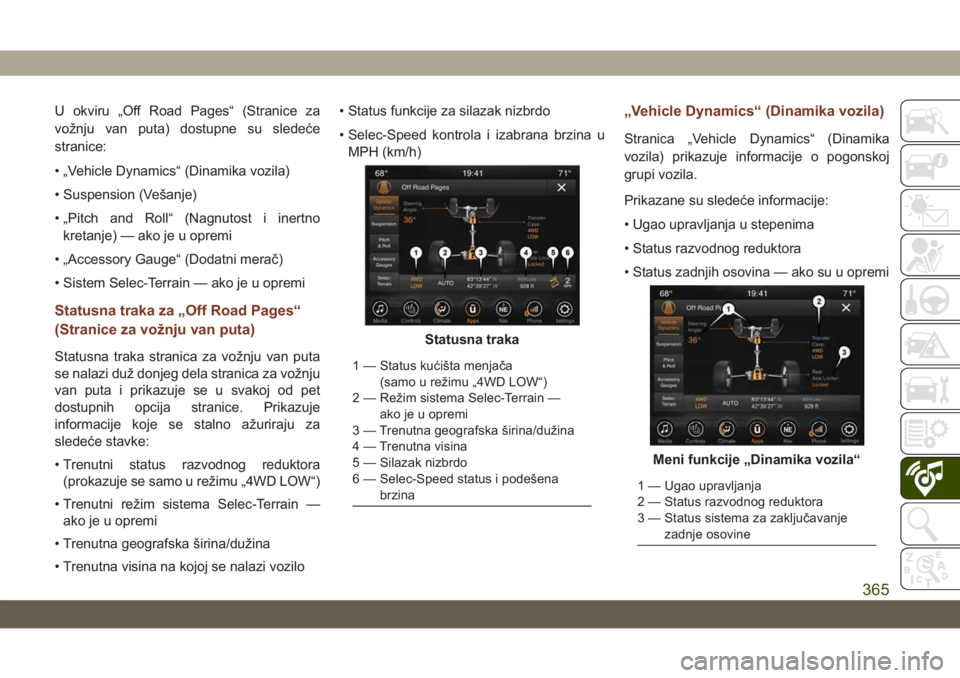 JEEP GRAND CHEROKEE 2020  Knjižica za upotrebu i održavanje (in Serbian) U okviru „Off Road Pages“ (Stranice za
vožnju van puta) dostupne su sledeće
stranice:
• „Vehicle Dynamics“ (Dinamika vozila)
• Suspension (Vešanje)
• „Pitch and Roll“ (Nagnutost i