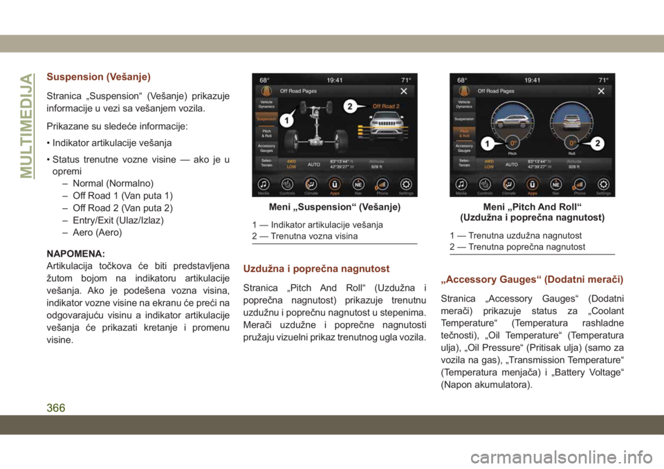 JEEP GRAND CHEROKEE 2019  Knjižica za upotrebu i održavanje (in Serbian) Suspension (Vešanje)
Stranica „Suspension“ (Vešanje) prikazuje
informacije u vezi sa vešanjem vozila.
Prikazane su sledeće informacije:
• Indikator artikulacije vešanja
• Status trenutne 