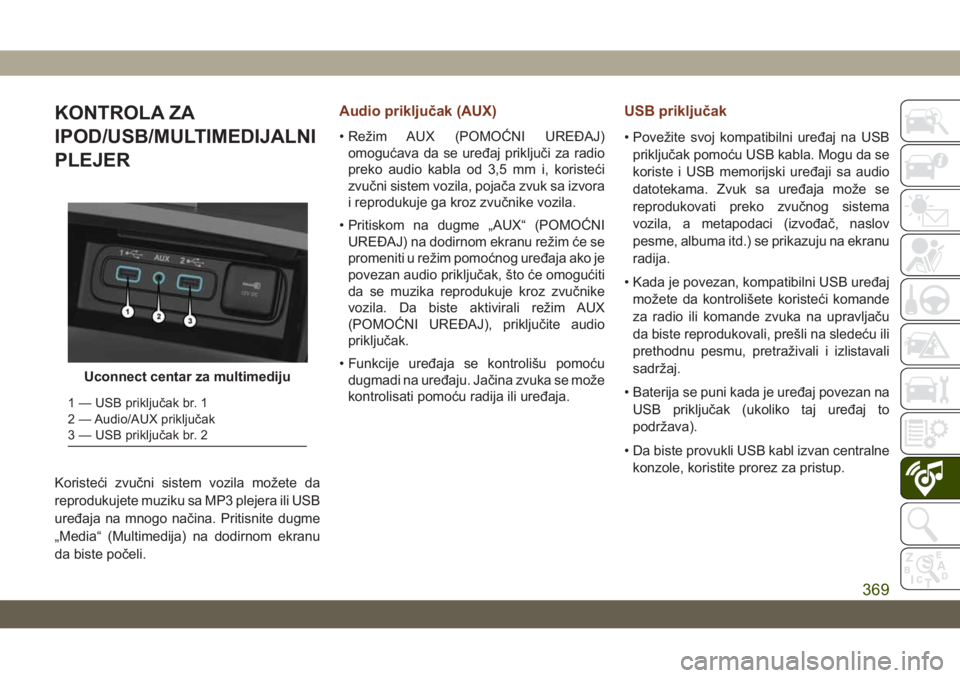 JEEP GRAND CHEROKEE 2021  Knjižica za upotrebu i održavanje (in Serbian) KONTROLA ZA
IPOD/USB/MULTIMEDIJALNI
PLEJER
Koristeći zvučni sistem vozila možete da
reprodukujete muziku sa MP3 plejera ili USB
uređaja na mnogo načina. Pritisnite dugme
„Media“ (Multimedija)