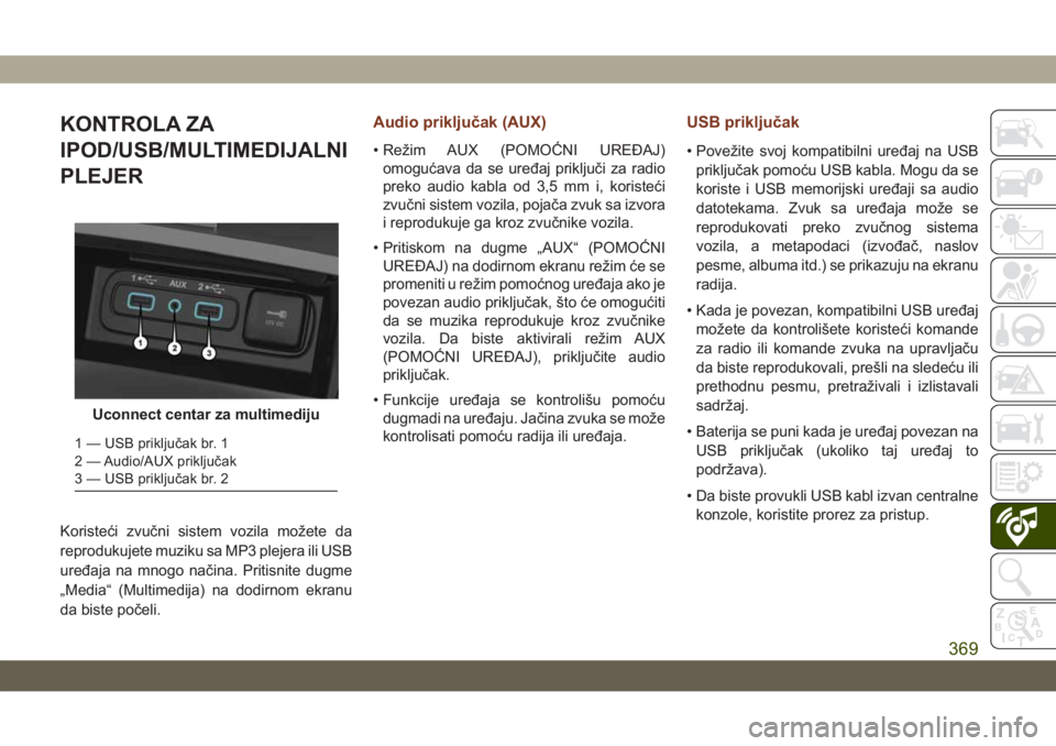 JEEP GRAND CHEROKEE 2021 Knjižica za upotrebu i održavanje (in Serbian) KONTROLA ZA
IPOD/USB/MULTIMEDIJALNI
PLEJER
Koristeći zvučni sistem vozila možete da
reprodukujete muziku sa MP3 plejera ili USB
uređaja na mnogo načina. Pritisnite dugme
„Media“ (Multimedija) JEEP GRAND CHEROKEE 2021 Knjižica za upotrebu i održavanje (in Serbian) KONTROLA ZA
IPOD/USB/MULTIMEDIJALNI
PLEJER
Koristeći zvučni sistem vozila možete da
reprodukujete muziku sa MP3 plejera ili USB
uređaja na mnogo načina. Pritisnite dugme
„Media“ (Multimedija)