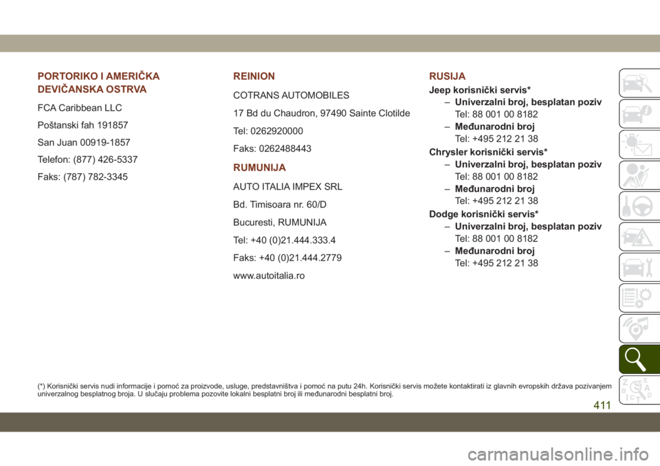 JEEP GRAND CHEROKEE 2021  Knjižica za upotrebu i održavanje (in Serbian) PORTORIKO I AMERIČKA
DEVIČANSKA OSTRVA
FCA Caribbean LLC
Poštanski fah 191857
San Juan 00919-1857
Telefon: (877) 426-5337
Faks: (787) 782-3345
REINION
COTRANS AUTOMOBILES
17 Bd du Chaudron, 97490 S