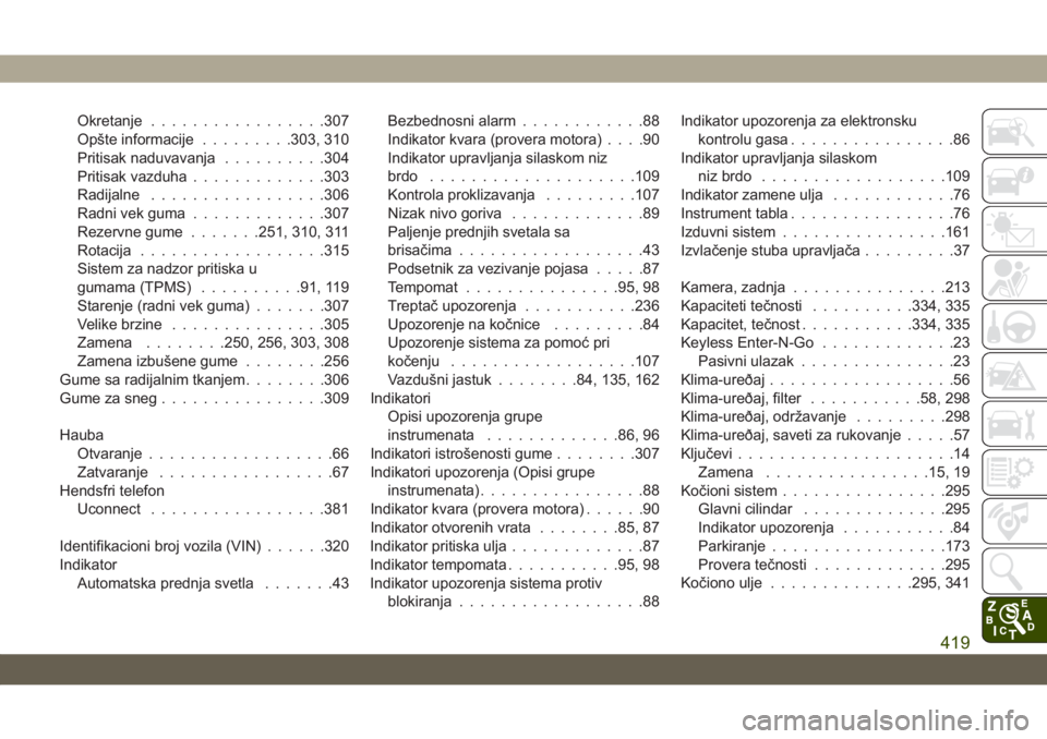 JEEP GRAND CHEROKEE 2019  Knjižica za upotrebu i održavanje (in Serbian) Okretanje.................307
Opšte informacije.........303, 310
Pritisak naduvavanja..........304
Pritisak vazduha.............303
Radijalne.................306
Radni vek guma.............307
Rezerv