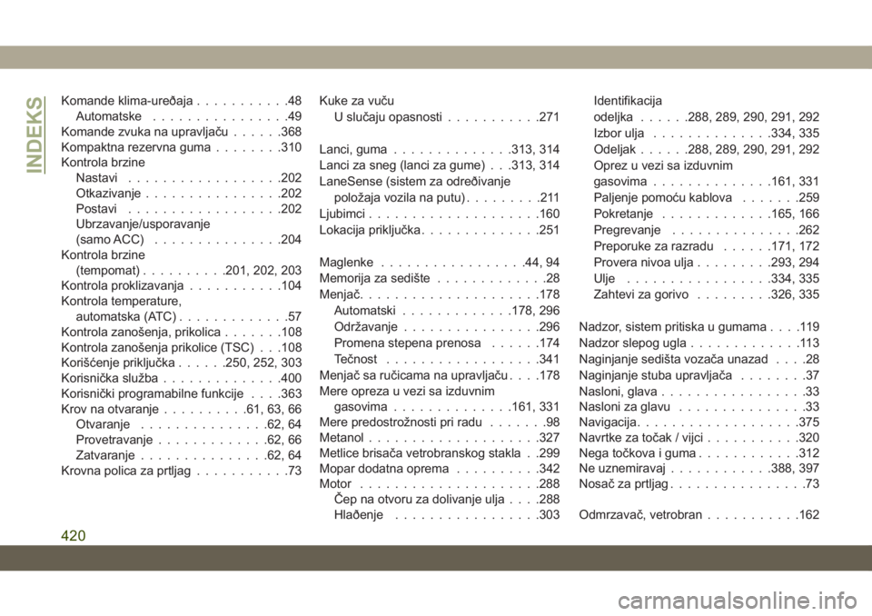 JEEP GRAND CHEROKEE 2019  Knjižica za upotrebu i održavanje (in Serbian) Komande klima-ureðaja...........48
Automatske................49
Komande zvuka na upravljaču......368
Kompaktna rezervna guma........310
Kontrola brzine
Nastavi..................202
Otkazivanje......