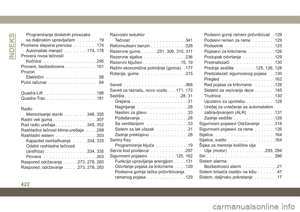 JEEP GRAND CHEROKEE 2019  Knjižica za upotrebu i održavanje (in Serbian) Programiranje dodatnih privezaka
sa daljinskim upravljačem........19
Promena stepena prenosa........174
Automatski menjač........174, 178
Provera nivoa tečnosti
Kočnice..................295
Prover