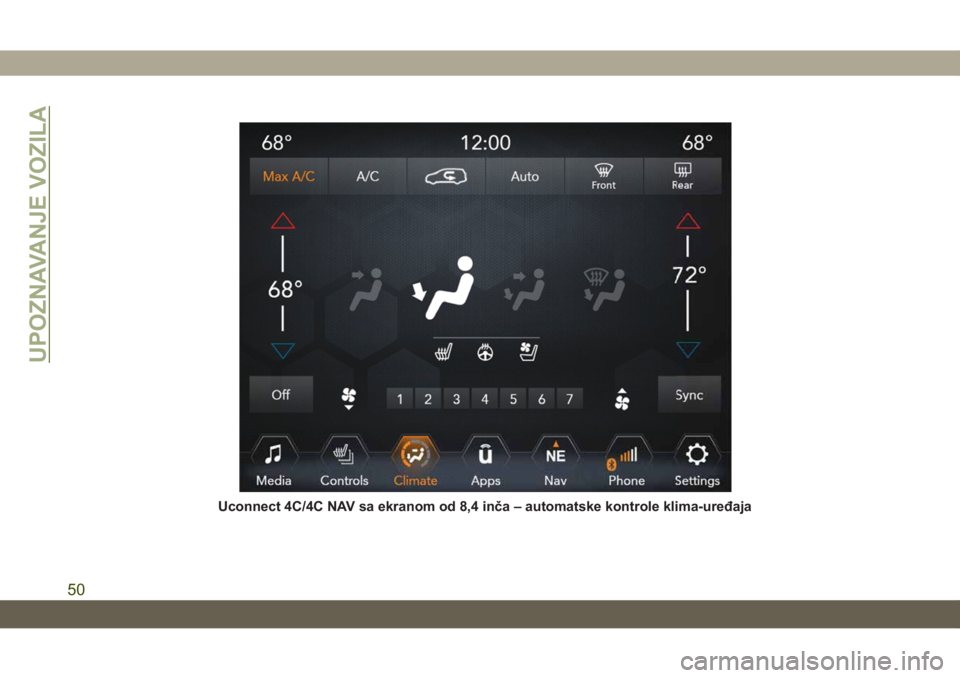 JEEP GRAND CHEROKEE 2020  Knjižica za upotrebu i održavanje (in Serbian) Uconnect 4C/4C NAV sa ekranom od 8,4 inča – automatske kontrole klima-uređaja
UPOZNAVANJE VOZILA
50 