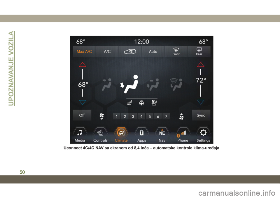 JEEP GRAND CHEROKEE 2019  Knjižica za upotrebu i održavanje (in Serbian) Uconnect 4C/4C NAV sa ekranom od 8,4 inča – automatske kontrole klima-uređaja
UPOZNAVANJE VOZILA
50 