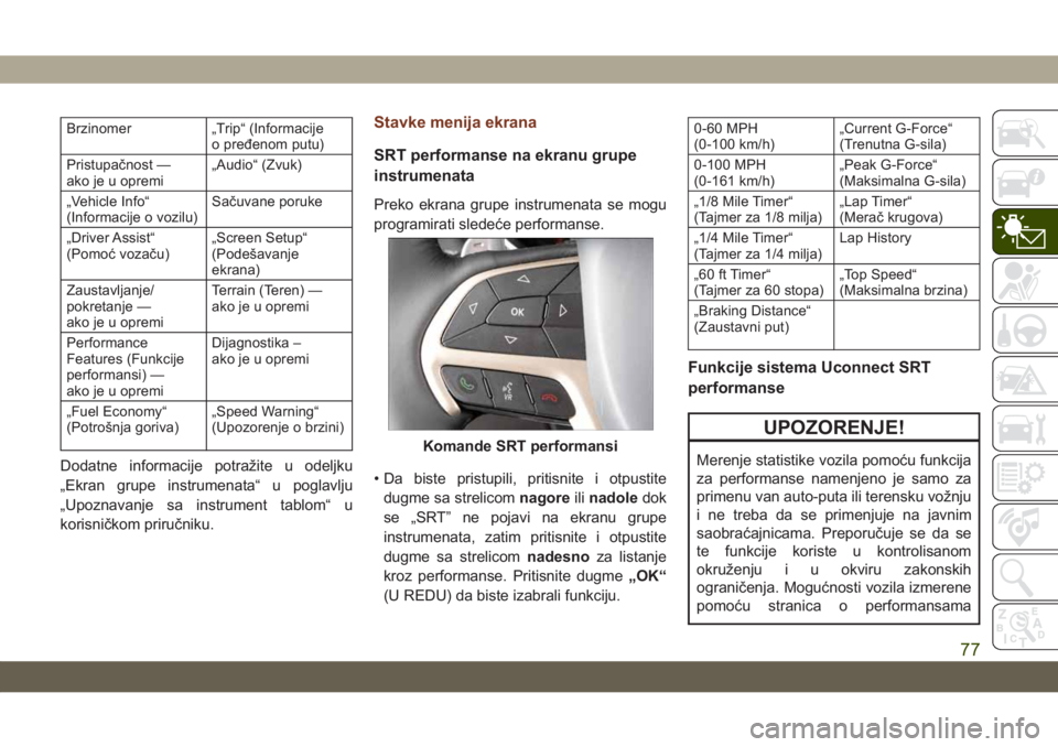 JEEP GRAND CHEROKEE 2021  Knjižica za upotrebu i održavanje (in Serbian) Brzinomer „Trip“ (Informacije
o pređenom putu)
Pristupačnost —
ako je u opremi„Audio“ (Zvuk)
„Vehicle Info“
(Informacije o vozilu)Sačuvane poruke
„Driver Assist“
(Pomoć vozaču)�