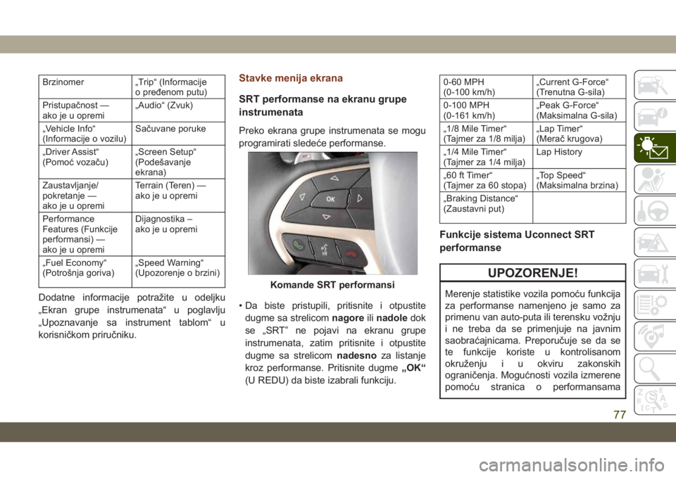 JEEP GRAND CHEROKEE 2019 Knjižica za upotrebu i održavanje (in Serbian) Brzinomer „Trip“ (Informacije
o pređenom putu)
Pristupačnost —
ako je u opremi„Audio“ (Zvuk)
„Vehicle Info“
(Informacije o vozilu)Sačuvane poruke
„Driver Assist“
(Pomoć vozaču) JEEP GRAND CHEROKEE 2019 Knjižica za upotrebu i održavanje (in Serbian) Brzinomer „Trip“ (Informacije
o pređenom putu)
Pristupačnost —
ako je u opremi„Audio“ (Zvuk)
„Vehicle Info“
(Informacije o vozilu)Sačuvane poruke
„Driver Assist“
(Pomoć vozaču)