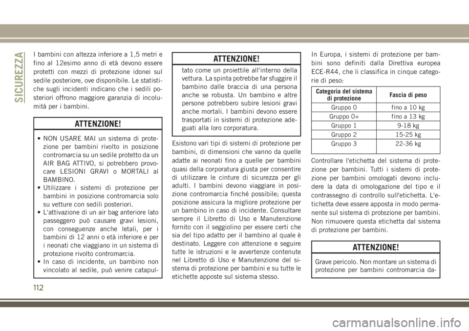 JEEP WRANGLER 2021 Libretto Uso Manutenzione (in Italian) I bambini con altezza inferiore a 1,5 metri e
fino al 12esimo anno di età devono essere
protetti con mezzi di protezione idonei sul
sedile posteriore, ove disponibile. Le statisti-
che sugli incident JEEP WRANGLER 2021 Libretto Uso Manutenzione (in Italian) I bambini con altezza inferiore a 1,5 metri e
fino al 12esimo anno di età devono essere
protetti con mezzi di protezione idonei sul
sedile posteriore, ove disponibile. Le statisti-
che sugli incident