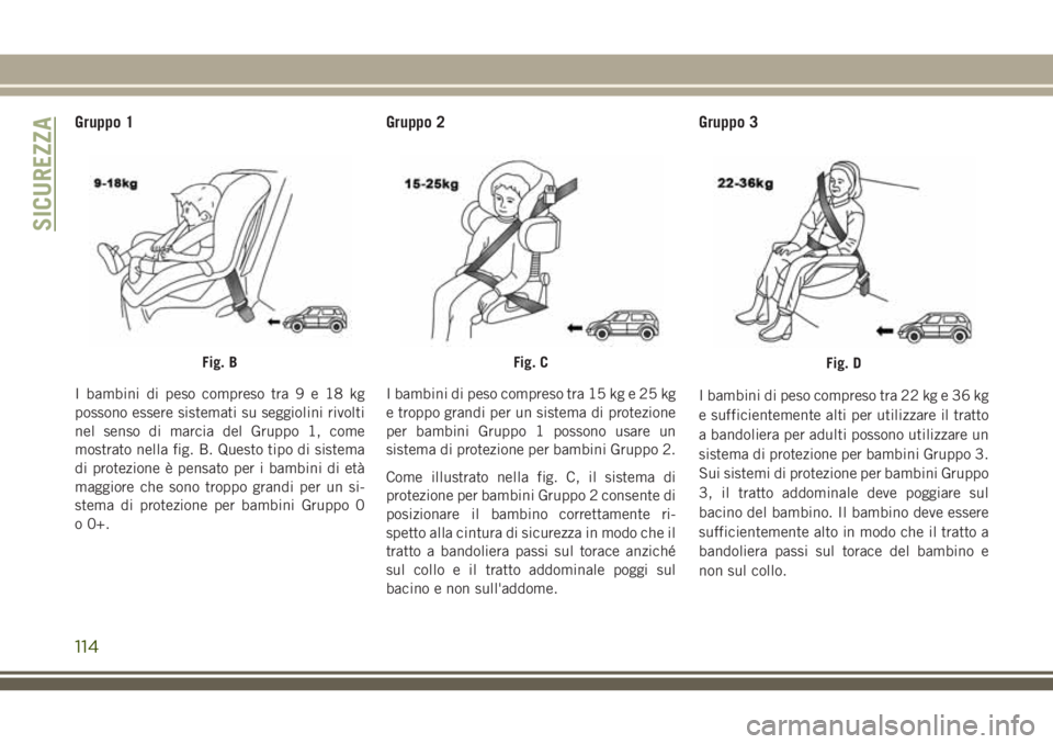 JEEP WRANGLER 2021 Libretto Uso Manutenzione (in Italian) Gruppo 1
I bambini di peso compreso tra9e18kg
possono essere sistemati su seggiolini rivolti
nel senso di marcia del Gruppo 1, come
mostrato nella fig. B. Questo tipo di sistema
di protezione è pensa JEEP WRANGLER 2021 Libretto Uso Manutenzione (in Italian) Gruppo 1
I bambini di peso compreso tra9e18kg
possono essere sistemati su seggiolini rivolti
nel senso di marcia del Gruppo 1, come
mostrato nella fig. B. Questo tipo di sistema
di protezione è pensa