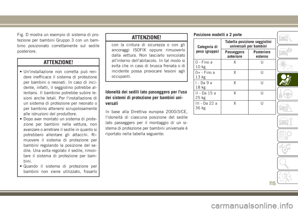 JEEP WRANGLER 2021 Libretto Uso Manutenzione (in Italian) Fig. D mostra un esempio di sistema di pro-
tezione per bambini Gruppo 3 con un bam-
bino posizionato correttamente sul sedile
posteriore.
ATTENZIONE!
• Un'installazione non corretta può ren-
d JEEP WRANGLER 2021 Libretto Uso Manutenzione (in Italian) Fig. D mostra un esempio di sistema di pro-
tezione per bambini Gruppo 3 con un bam-
bino posizionato correttamente sul sedile
posteriore.
ATTENZIONE!
• Un'installazione non corretta può ren-
d
