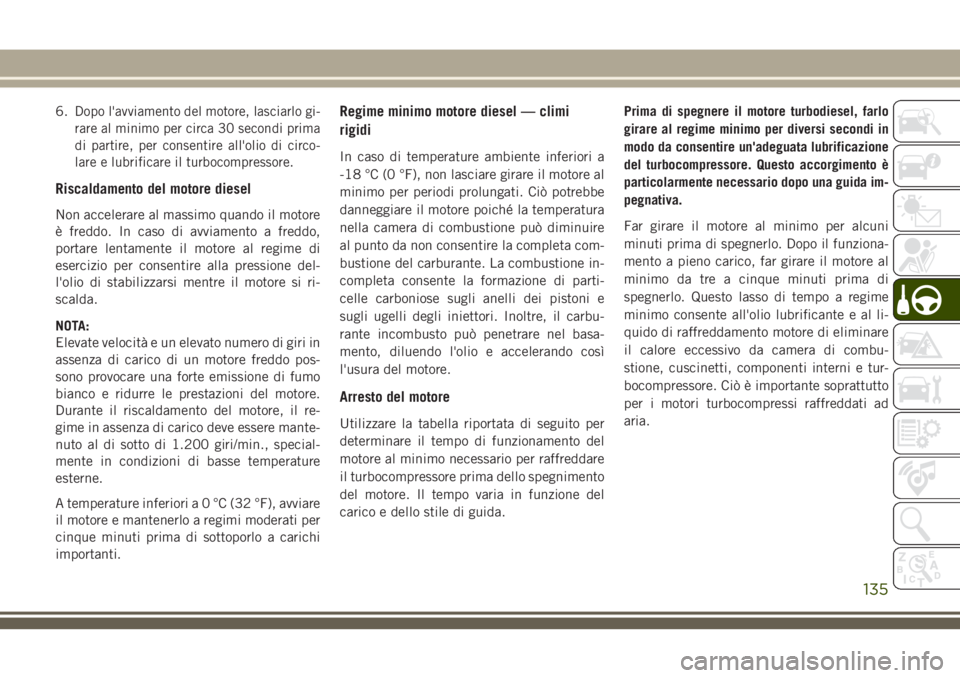 JEEP WRANGLER 2021 Libretto Uso Manutenzione (in Italian) 6.Dopo l'avviamento del motore, lasciarlo gi-
rare al minimo per circa 30 secondi prima
di partire, per consentire all'olio di circo-
lare e lubrificare il turbocompressore.
Riscaldamento del JEEP WRANGLER 2021 Libretto Uso Manutenzione (in Italian) 6.Dopo l'avviamento del motore, lasciarlo gi-
rare al minimo per circa 30 secondi prima
di partire, per consentire all'olio di circo-
lare e lubrificare il turbocompressore.
Riscaldamento del