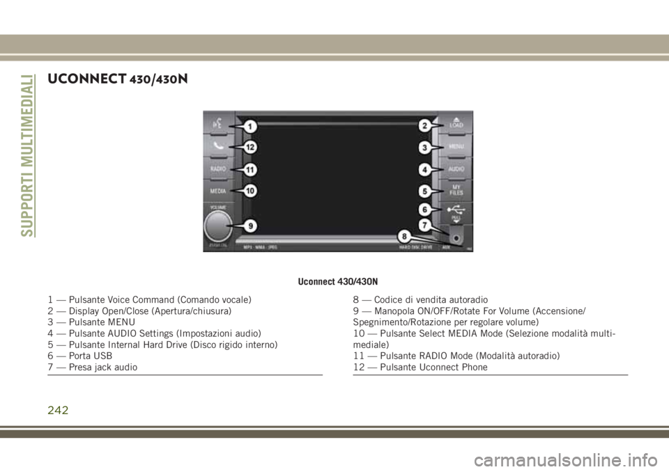 JEEP WRANGLER 2021 Libretto Uso Manutenzione (in Italian) UCONNECT 430/430N
Uconnect 430/430N
1 — Pulsante Voice Command (Comando vocale)
2 — Display Open/Close (Apertura/chiusura)
3 — Pulsante MENU
4 — Pulsante AUDIO Settings (Impostazioni audio)
5 JEEP WRANGLER 2021 Libretto Uso Manutenzione (in Italian) UCONNECT 430/430N
Uconnect 430/430N
1 — Pulsante Voice Command (Comando vocale)
2 — Display Open/Close (Apertura/chiusura)
3 — Pulsante MENU
4 — Pulsante AUDIO Settings (Impostazioni audio)
5