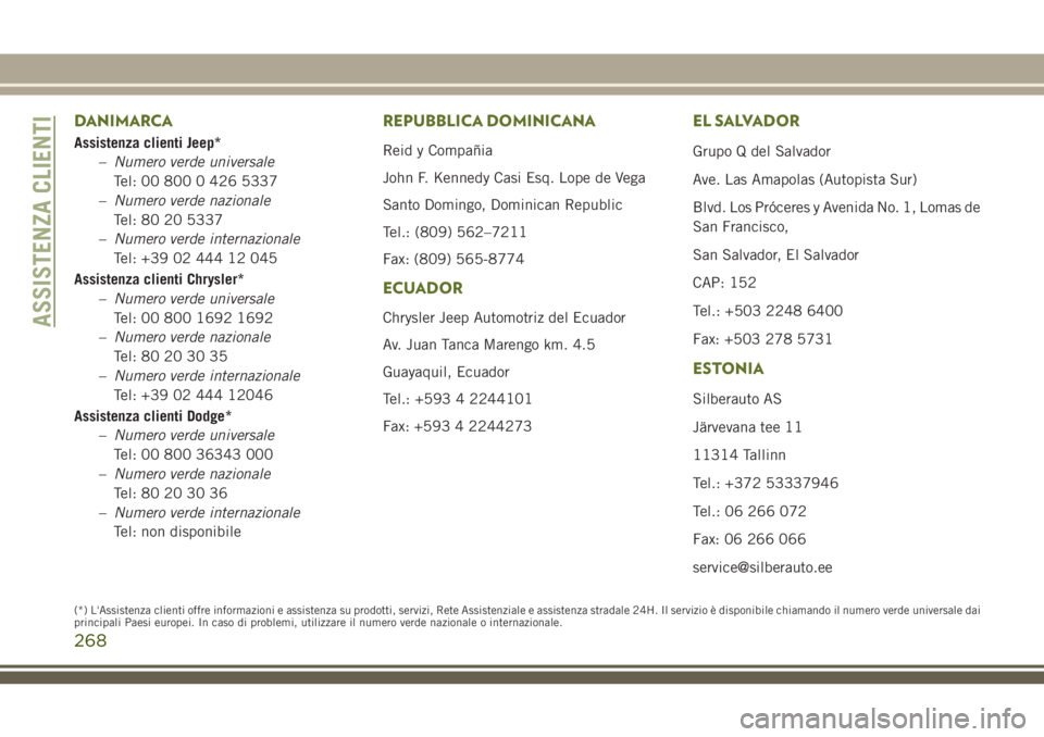 JEEP WRANGLER 2019  Libretto Uso Manutenzione (in Italian) DANIMARCA
Assistenza clienti Jeep*
–Numero verde universale
Tel: 00 800 0 426 5337
–Numero verde nazionale
Tel: 80 20 5337
–Numero verde internazionale
Tel: +39 02 444 12 045
Assistenza clienti 