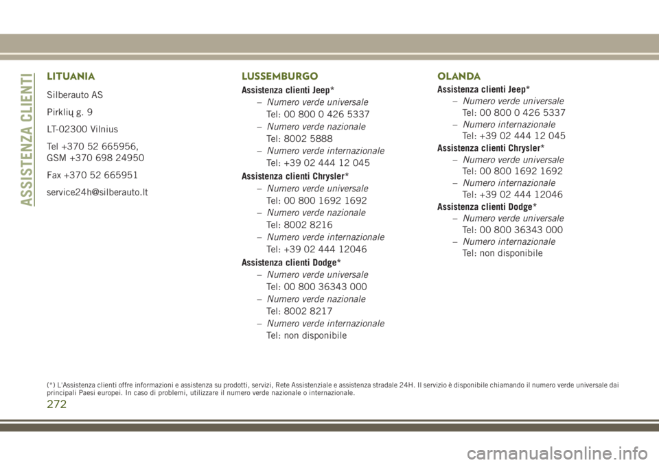 JEEP WRANGLER 2019  Libretto Uso Manutenzione (in Italian) LITUANIA
Silberauto AS
Pirkliųg. 9
LT-02300 Vilnius
Tel +370 52 665956,
GSM +370 698 24950
Fax +370 52 665951
service24h@silberauto.lt
LUSSEMBURGO
Assistenza clienti Jeep*
–Numero verde universale
