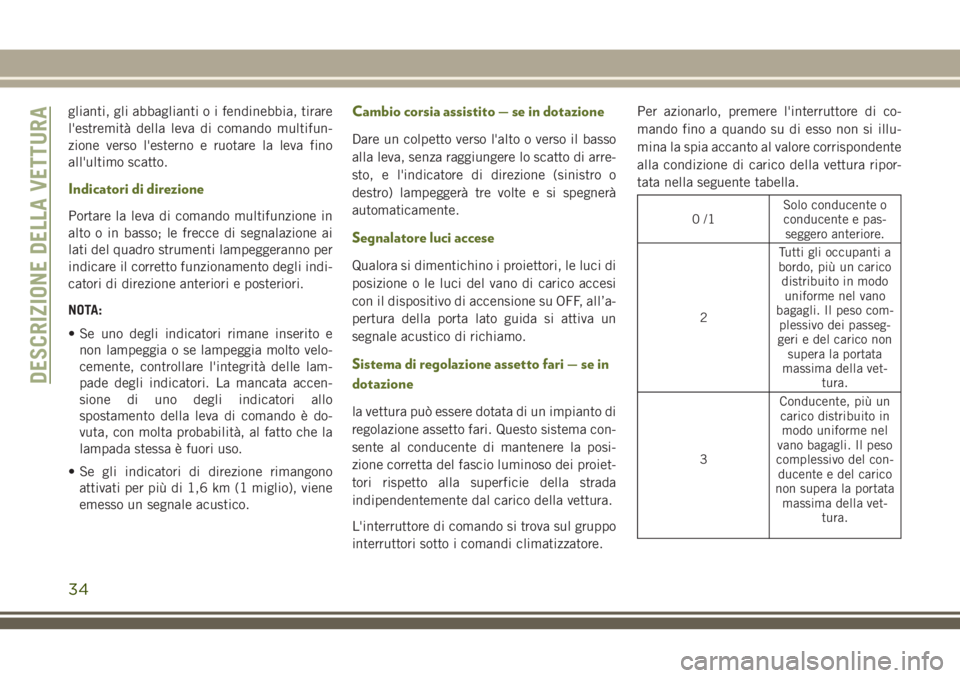 JEEP WRANGLER 2019  Libretto Uso Manutenzione (in Italian) glianti, gli abbaglianti o i fendinebbia, tirare
l'estremità della leva di comando multifun-
zione verso l'esterno e ruotare la leva fino
all'ultimo scatto.
Indicatori di direzione
Portar