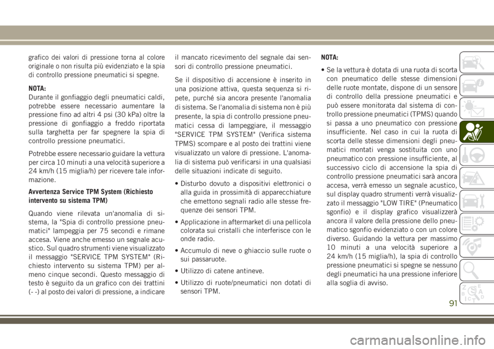 JEEP WRANGLER 2018  Libretto Uso Manutenzione (in Italian) grafico dei valori di pressione torna al colore
originale o non risulta più evidenziato e la spia
di controllo pressione pneumatici si spegne.
NOTA:
Durante il gonfiaggio degli pneumatici caldi,
potr