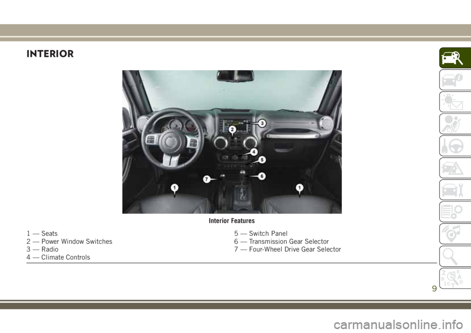 JEEP WRANGLER 2019  Owner handbook (in English) INTERIOR
Interior Features
1 — Seats 5 — Switch Panel
2 — Power Window Switches 6 — Transmission Gear Selector
3 — Radio 7 — Four-Wheel Drive Gear Selector
4 — Climate Controls
9 