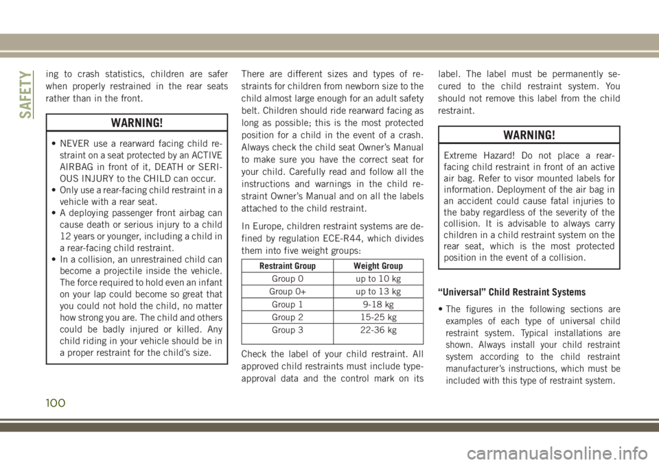 JEEP WRANGLER 2020 Owner handbook (in English) ing to crash statistics, children are safer
when properly restrained in the rear seats
rather than in the front.
WARNING!
• NEVER use a rearward facing child re-
straint on a seat protected by an AC JEEP WRANGLER 2020 Owner handbook (in English) ing to crash statistics, children are safer
when properly restrained in the rear seats
rather than in the front.
WARNING!
• NEVER use a rearward facing child re-
straint on a seat protected by an AC