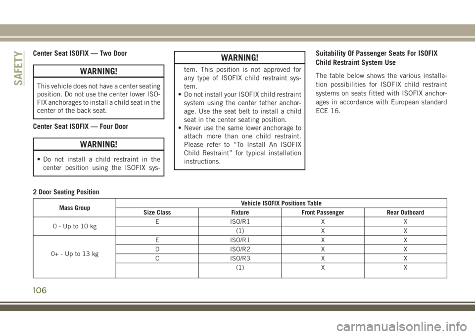 JEEP WRANGLER 2020 Owner handbook (in English) Center Seat ISOFIX — Two Door
WARNING!
This vehicle does not have a center seating
position. Do not use the center lower ISO-
FIX anchorages to install a child seat in the
center of the back seat.
C JEEP WRANGLER 2020 Owner handbook (in English) Center Seat ISOFIX — Two Door
WARNING!
This vehicle does not have a center seating
position. Do not use the center lower ISO-
FIX anchorages to install a child seat in the
center of the back seat.
C