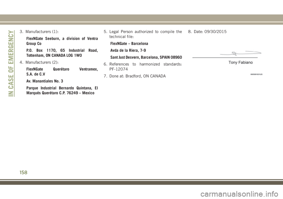 JEEP WRANGLER 2020 Owner handbook (in English) 3. Manufacturers (1):
FlexNGate Seeburn, a division of Ventra
Group Co
P.O. Box 1170, 65 Industrial Road,
Tottenham, ON CANADA L0G 1W0
4. Manufacturers (2):
FlexNGate Querétaro Ventramex,
S.A. de C.V JEEP WRANGLER 2020 Owner handbook (in English) 3. Manufacturers (1):
FlexNGate Seeburn, a division of Ventra
Group Co
P.O. Box 1170, 65 Industrial Road,
Tottenham, ON CANADA L0G 1W0
4. Manufacturers (2):
FlexNGate Querétaro Ventramex,
S.A. de C.V