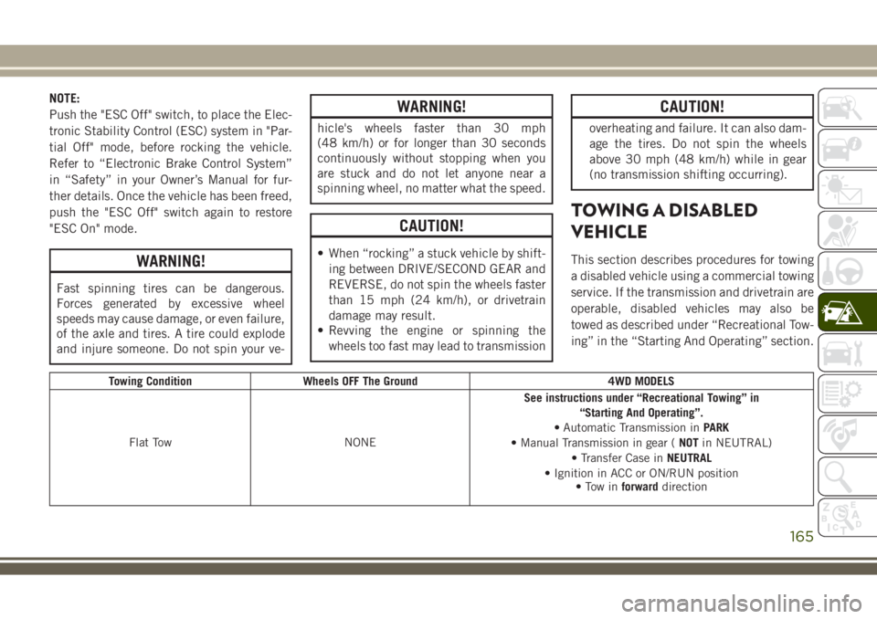 JEEP WRANGLER 2020 Owner handbook (in English) NOTE:
Push the "ESC Off" switch, to place the Elec-
tronic Stability Control (ESC) system in "Par-
tial Off" mode, before rocking the vehicle.
Refer to “Electronic Brake Control Syst JEEP WRANGLER 2020 Owner handbook (in English) NOTE:
Push the "ESC Off" switch, to place the Elec-
tronic Stability Control (ESC) system in "Par-
tial Off" mode, before rocking the vehicle.
Refer to “Electronic Brake Control Syst