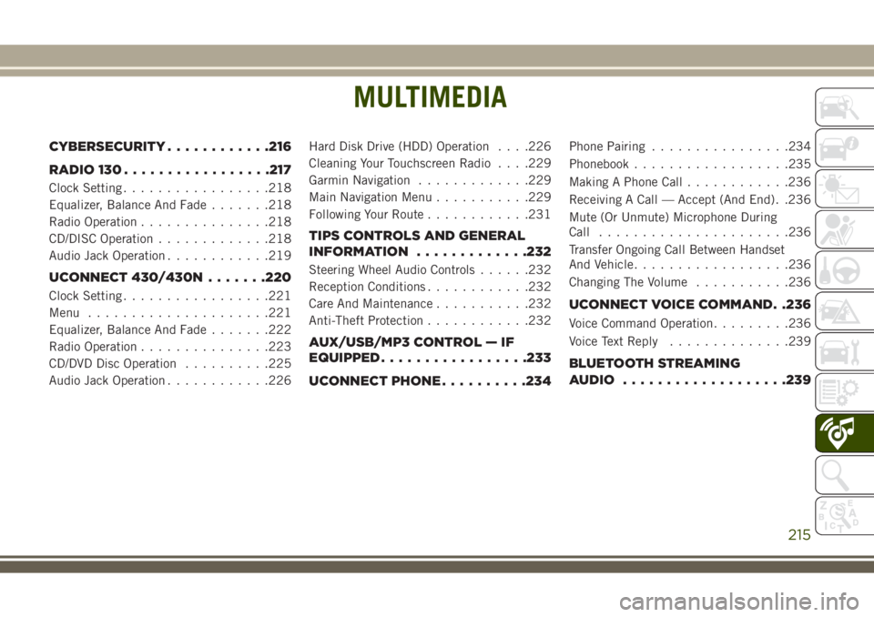 JEEP WRANGLER 2021 Owner handbook (in English) MULTIMEDIA
CYBERSECURITY............216
RADIO 130.................217
Clock Setting.................218
Equalizer, Balance And Fade.......218
Radio Operation...............218
CD/DISC Operation....... JEEP WRANGLER 2021 Owner handbook (in English) MULTIMEDIA
CYBERSECURITY............216
RADIO 130.................217
Clock Setting.................218
Equalizer, Balance And Fade.......218
Radio Operation...............218
CD/DISC Operation.......