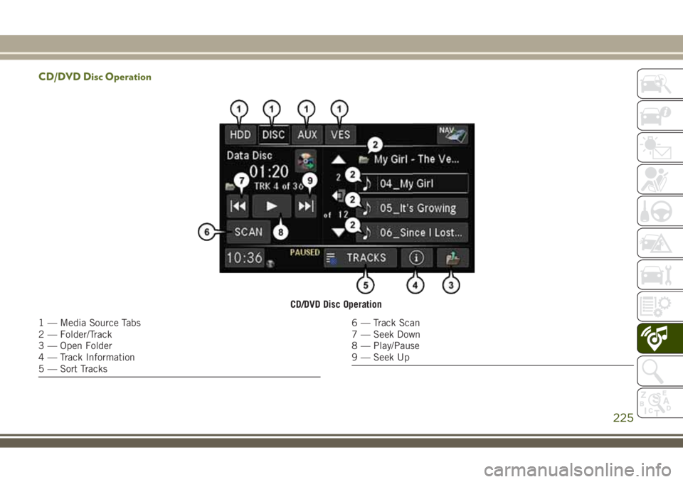 JEEP WRANGLER 2020 Owner handbook (in English) CD/DVD Disc Operation
CD/DVD Disc Operation
1 — Media Source Tabs
2 — Folder/Track
3 — Open Folder
4 — Track Information
5 — Sort Tracks6 — Track Scan
7 — Seek Down
8 — Play/Pause
9 JEEP WRANGLER 2020 Owner handbook (in English) CD/DVD Disc Operation
CD/DVD Disc Operation
1 — Media Source Tabs
2 — Folder/Track
3 — Open Folder
4 — Track Information
5 — Sort Tracks6 — Track Scan
7 — Seek Down
8 — Play/Pause
9