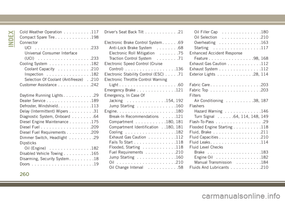 JEEP WRANGLER 2020  Owner handbook (in English) Cold Weather Operation..........117
Compact Spare Tire.............198
Connector
UCI ....................233
Universal Consumer Interface
(UCI)...................233
Cooling System...............182
C