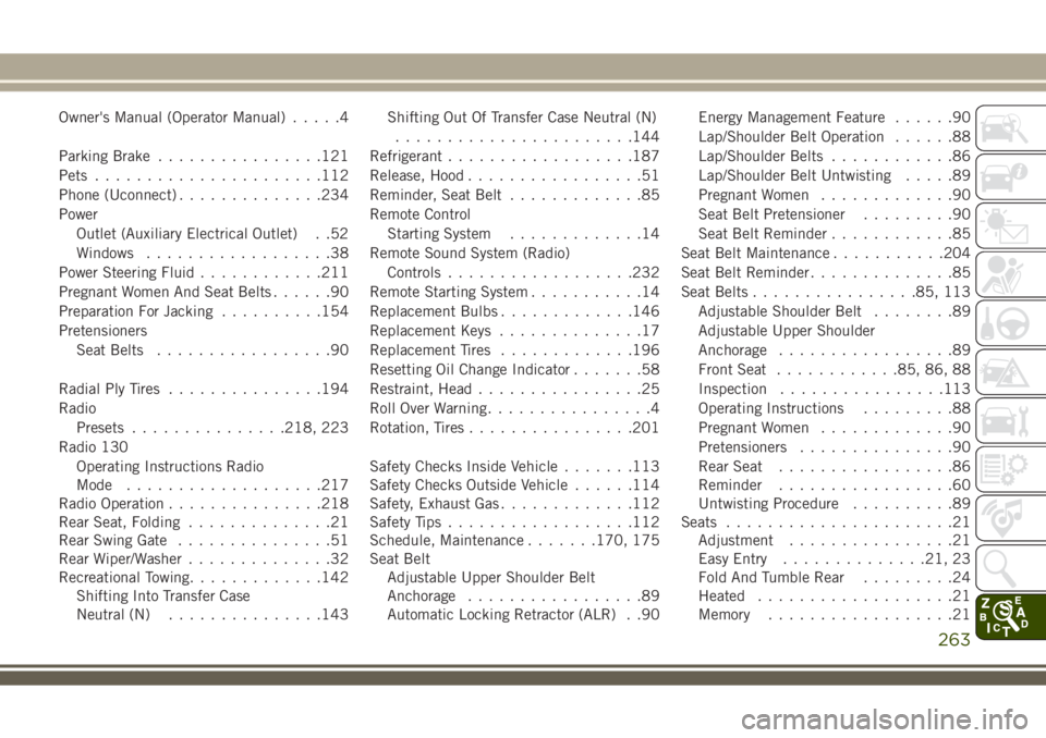 JEEP WRANGLER 2020  Owner handbook (in English) Owner's Manual (Operator Manual).....4
Parking Brake................121
Pets......................112
Phone (Uconnect)..............234
Power
Outlet (Auxiliary Electrical Outlet) . .52
Windows....