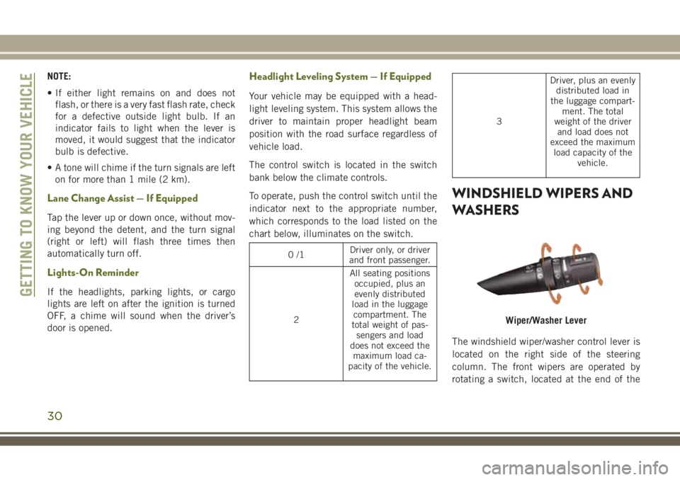 JEEP WRANGLER 2019  Owner handbook (in English) NOTE:
• If either light remains on and does not
flash, or there is a very fast flash rate, check
for a defective outside light bulb. If an
indicator fails to light when the lever is
moved, it would 