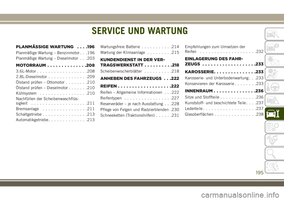 JEEP WRANGLER 2018  Betriebsanleitung (in German) SERVICE UND WARTUNG
PLANMÄSSIGE WARTUNG. . . .196
Planmäßige Wartung – Benzinmotor . . .196
Planmäßige Wartung – Dieselmotor . . .203
MOTORRAUM..............208
3.6L-Motor..................20
