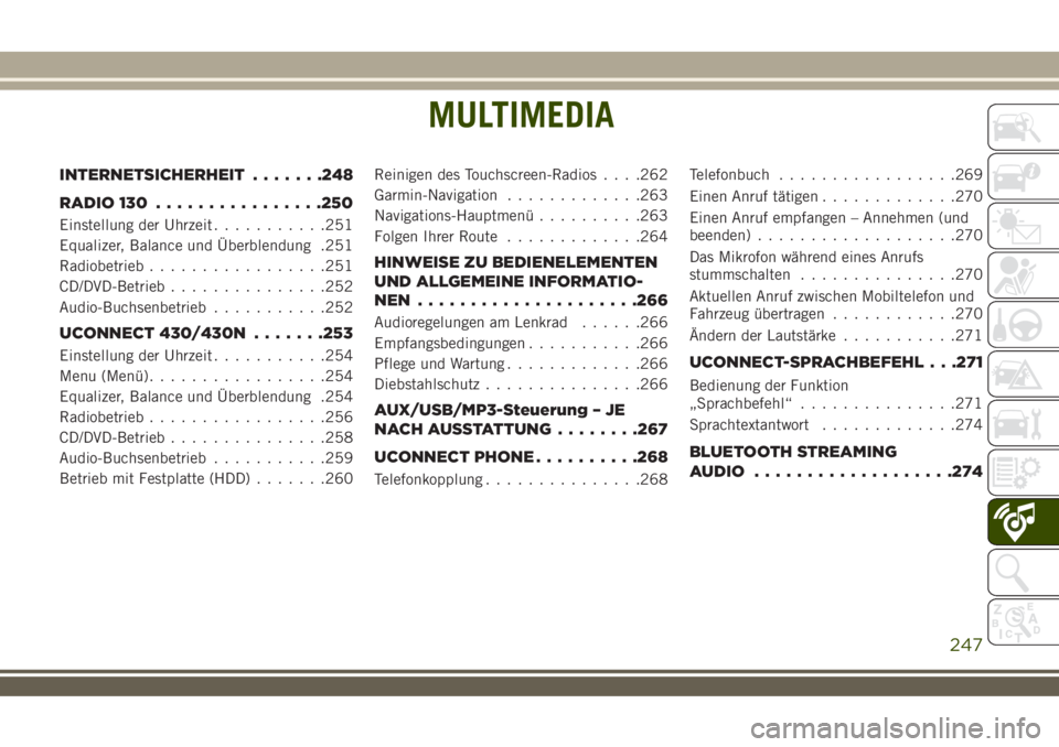 JEEP WRANGLER 2021  Betriebsanleitung (in German) MULTIMEDIA
INTERNETSICHERHEIT.......248
RADIO 130................250
Einstellung der Uhrzeit...........251
Equalizer, Balance und Überblendung .251
Radiobetrieb.................251
CD/DVD-Betrieb....