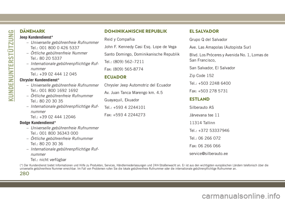 JEEP WRANGLER 2019  Betriebsanleitung (in German) DÄNEMARK
Jeep Kundendienst*
–Universelle gebührenfreie Rufnummer
Tel.: 001 800 0 426 5337
–Örtliche gebührenfreie Nummer
Tel.: 80 20 5337
–Internationale gebührenpflichtige Ruf-
nummer
Tel.