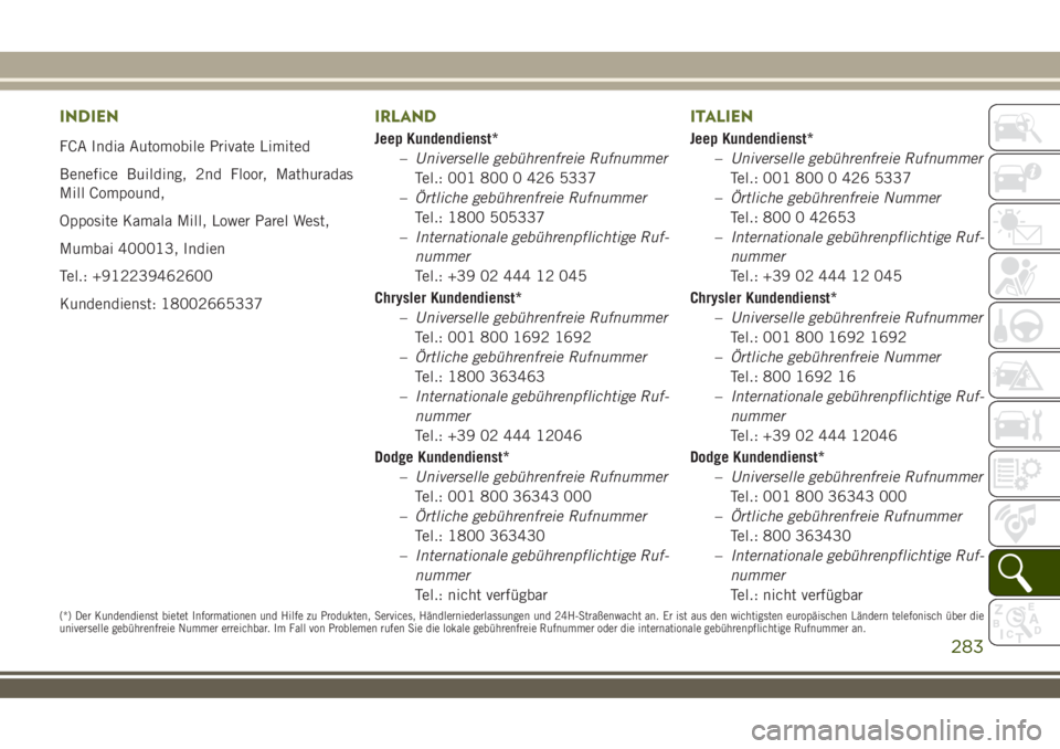 JEEP WRANGLER 2019  Betriebsanleitung (in German) INDIEN
FCA India Automobile Private Limited
Benefice Building, 2nd Floor, Mathuradas
Mill Compound,
Opposite Kamala Mill, Lower Parel West,
Mumbai 400013, Indien
Tel.: +912239462600
Kundendienst: 1800