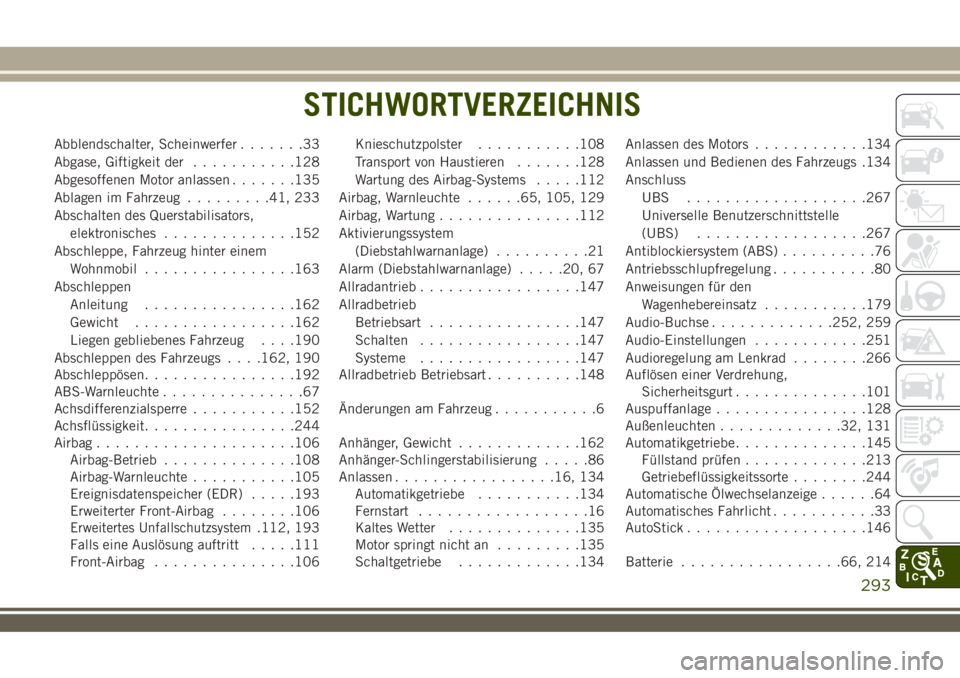 JEEP WRANGLER 2019  Betriebsanleitung (in German) Abblendschalter, Scheinwerfer.......33
Abgase, Giftigkeit der...........128
Abgesoffenen Motor anlassen.......135
Ablagen im Fahrzeug.........41, 233
Abschalten des Querstabilisators,
elektronisches..