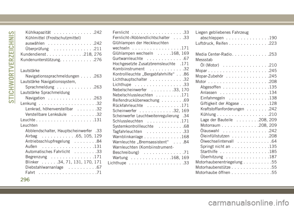 JEEP WRANGLER 2021  Betriebsanleitung (in German) Kühlkapazität..............242
Kühlmittel (Frostschutzmittel)
auswählen................242
Überprüfung..............211
Kundendienst.............218, 276
Kundenunterstützung............276
Laut