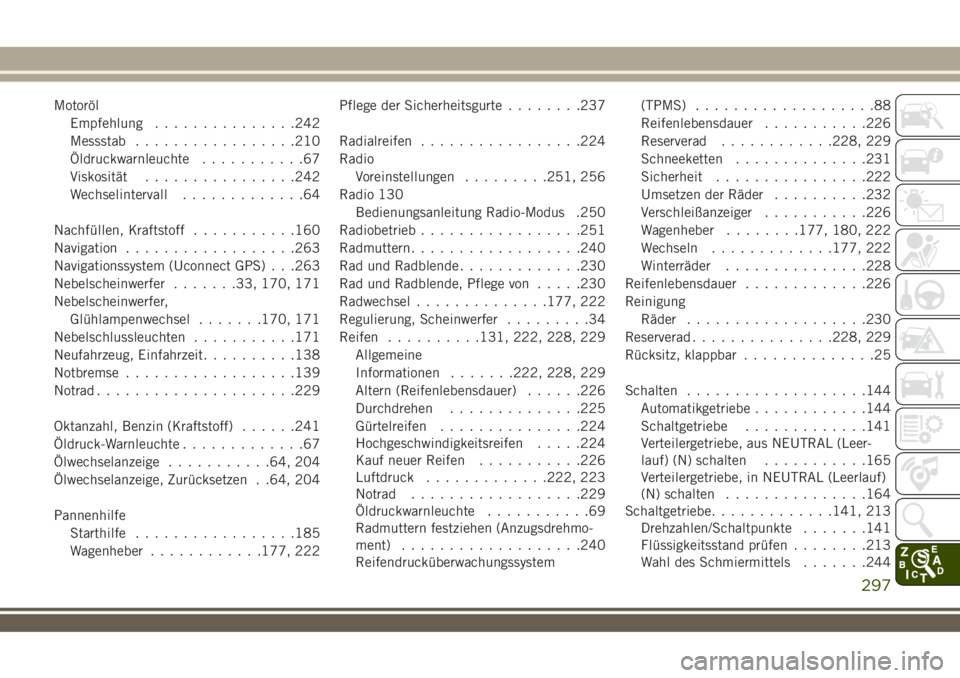 JEEP WRANGLER 2018  Betriebsanleitung (in German) Motoröl
Empfehlung...............242
Messstab.................210
Öldruckwarnleuchte...........67
Viskosität................242
Wechselintervall.............64
Nachfüllen, Kraftstoff...........160