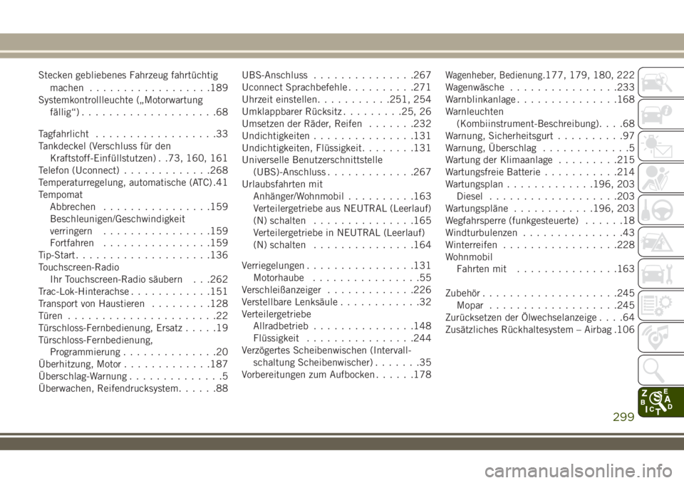 JEEP WRANGLER 2020  Betriebsanleitung (in German) Stecken gebliebenes Fahrzeug fahrtüchtig
machen..................189
Systemkontrollleuchte („Motorwartung
fällig“)....................68
Tagfahrlicht..................33
Tankdeckel (Verschluss f