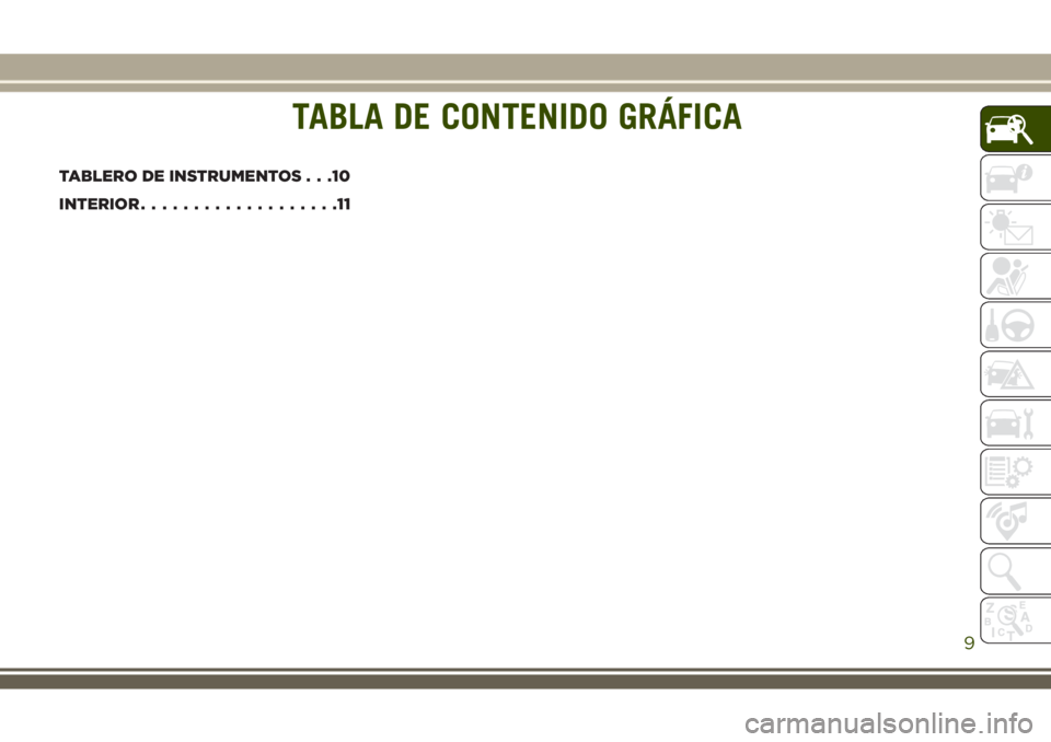 JEEP WRANGLER 2020  Manual de Empleo y Cuidado (in Spanish) TABLA DE CONTENIDO GRÁFICA
TABLERO DE INSTRUMENTOS . . .10
INTERIOR...................11
TABLA DE CONTENIDO GRÁFICA
9 