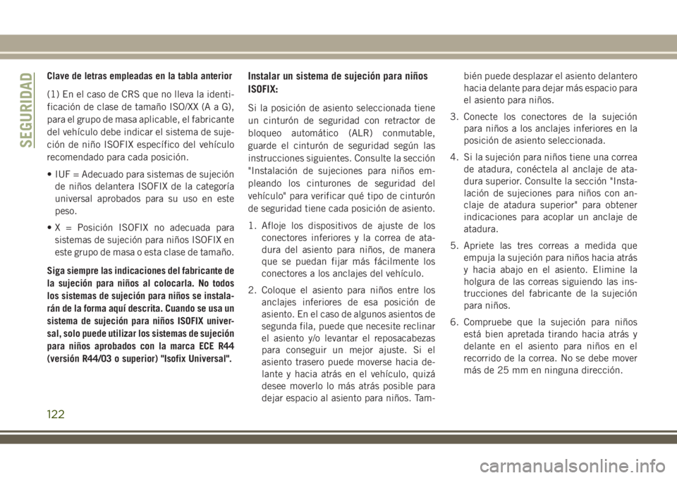 JEEP WRANGLER 2018  Manual de Empleo y Cuidado (in Spanish) Clave de letras empleadas en la tabla anterior
(1) En el caso de CRS que no lleva la identi-
ficación de clase de tamaño ISO/XX (A a G),
para el grupo de masa aplicable, el fabricante
del vehículo 