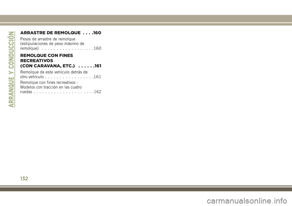 JEEP WRANGLER 2018  Manual de Empleo y Cuidado (in Spanish) ARRASTRE DE REMOLQUE. . . .160
Pesos de arrastre de remolque
(estipulaciones de peso máximo de
remolque)..................160
REMOLQUE CON FINES
RECREATIVOS
(CON CARAVANA, ETC.)......161
Remolque de 