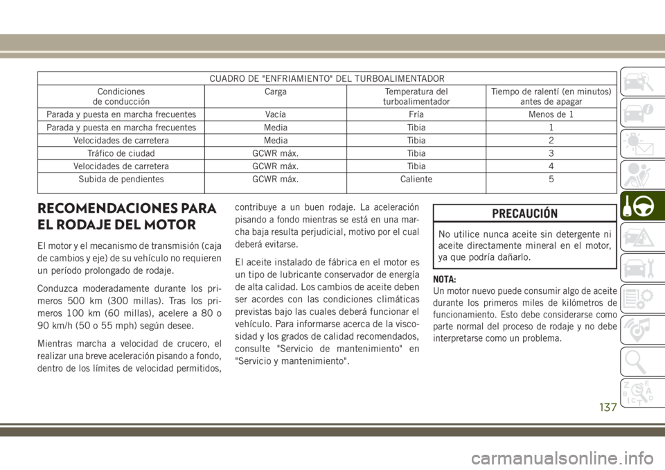 JEEP WRANGLER 2020  Manual de Empleo y Cuidado (in Spanish) CUADRO DE "ENFRIAMIENTO" DEL TURBOALIMENTADOR
Condiciones
de conducciónCarga Temperatura del
turboalimentadorTiempo de ralentí (en minutos)
antes de apagar
Parada y puesta en marcha frecuent