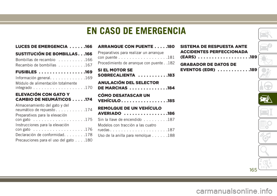 JEEP WRANGLER 2018 Manual de Empleo y Cuidado (in Spanish) EN CASO DE EMERGENCIA
LUCES DE EMERGENCIA......166
SUSTITUCIÓN DE BOMBILLAS. . .166
Bombillas de recambio..........166
Recambio de bombillas..........167
FUSIBLES.................169
Información gen JEEP WRANGLER 2018 Manual de Empleo y Cuidado (in Spanish) EN CASO DE EMERGENCIA
LUCES DE EMERGENCIA......166
SUSTITUCIÓN DE BOMBILLAS. . .166
Bombillas de recambio..........166
Recambio de bombillas..........167
FUSIBLES.................169
Información gen