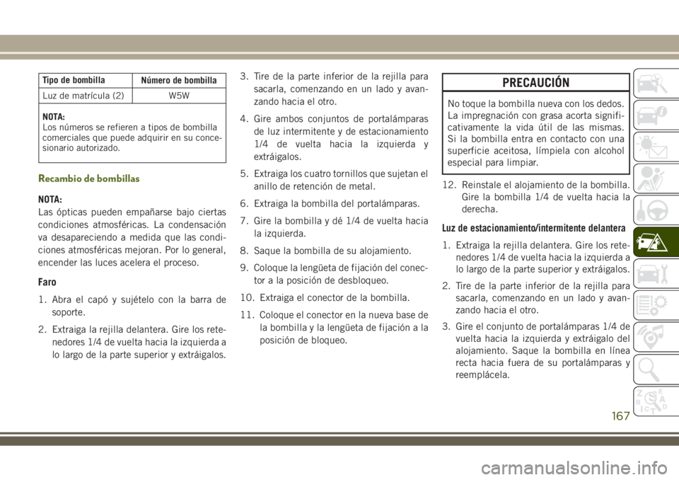 JEEP WRANGLER 2018 Manual de Empleo y Cuidado (in Spanish) Tipo de bombilla
Número de bombilla
Luz de matrícula (2) W5W
NOTA:
Los números se refieren a tipos de bombilla
comerciales que puede adquirir en su conce-
sionario autorizado.
Recambio de bombillas JEEP WRANGLER 2018 Manual de Empleo y Cuidado (in Spanish) Tipo de bombilla
Número de bombilla
Luz de matrícula (2) W5W
NOTA:
Los números se refieren a tipos de bombilla
comerciales que puede adquirir en su conce-
sionario autorizado.
Recambio de bombillas